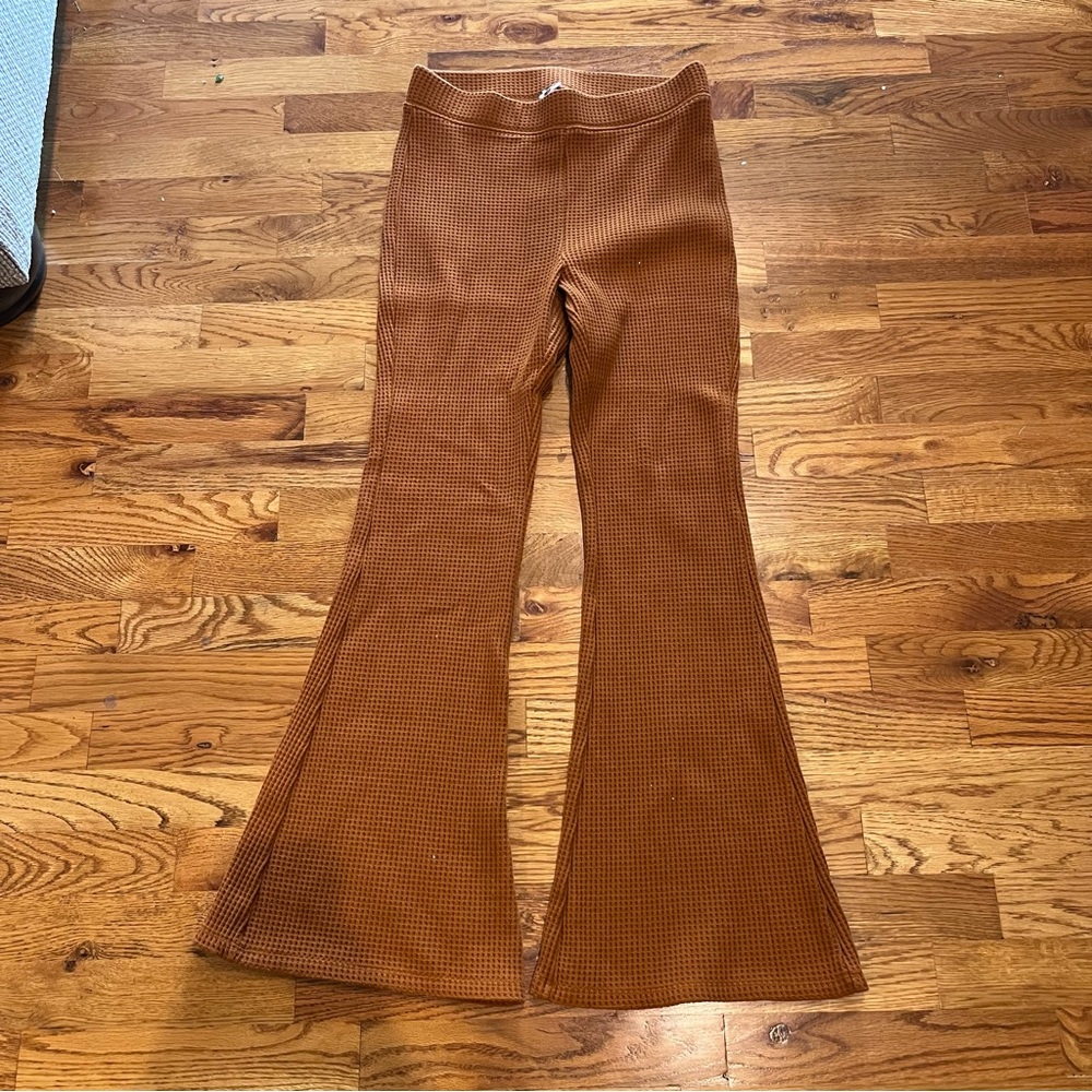 aerie Waffle-Knit Flare Pants in Rust Orange Size Medium Short